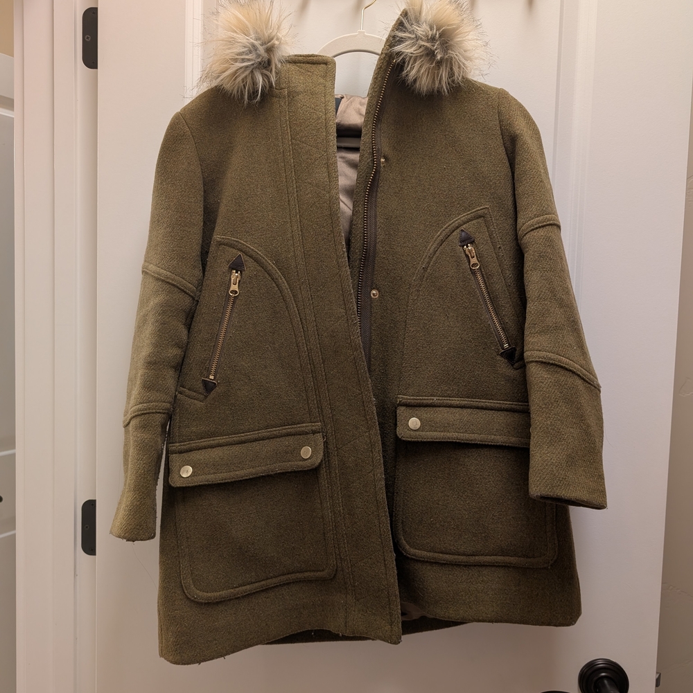 J.Crew Chateau Wool Olive Green Coat with Faux Fur Hood